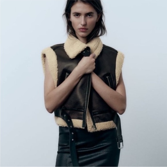 ZARA DARK BROWN CROPPED DOUBLE FACED VEST SIZE:XS 8073/238 - Picture 2 of 9